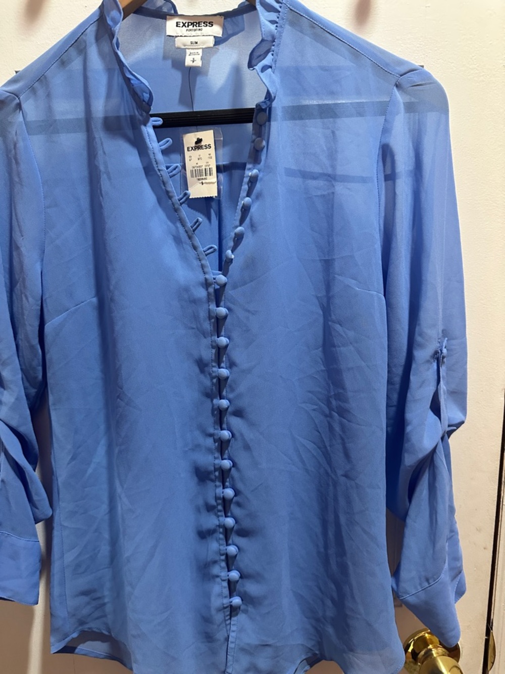 Express Blue Ruffle-Trim Button Blouse - Picture 4 of 6